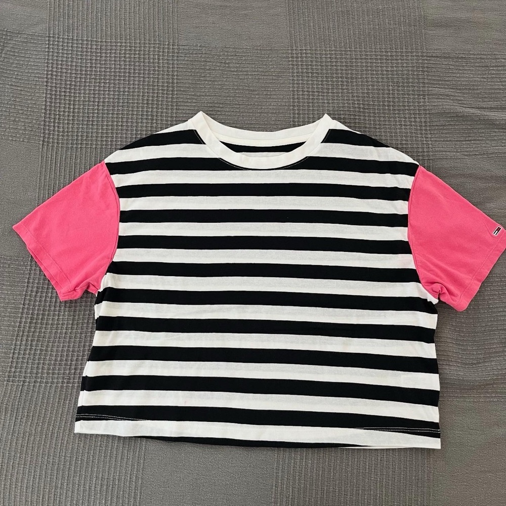Striped Black and White crop Shirt with Pink Sleeves